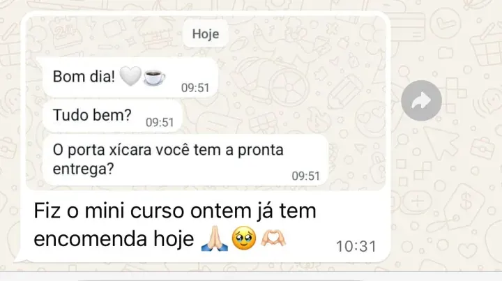 Mensagem de aluna no WhatsApp sobre o curso da Hellen