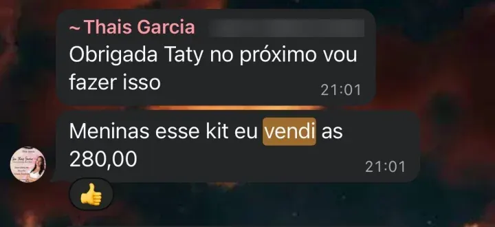 Mensagem de aluna no WhatsApp sobre o curso da Hellen