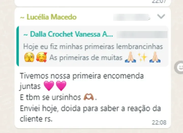 Mensagem de aluna no WhatsApp sobre o curso da Hellen